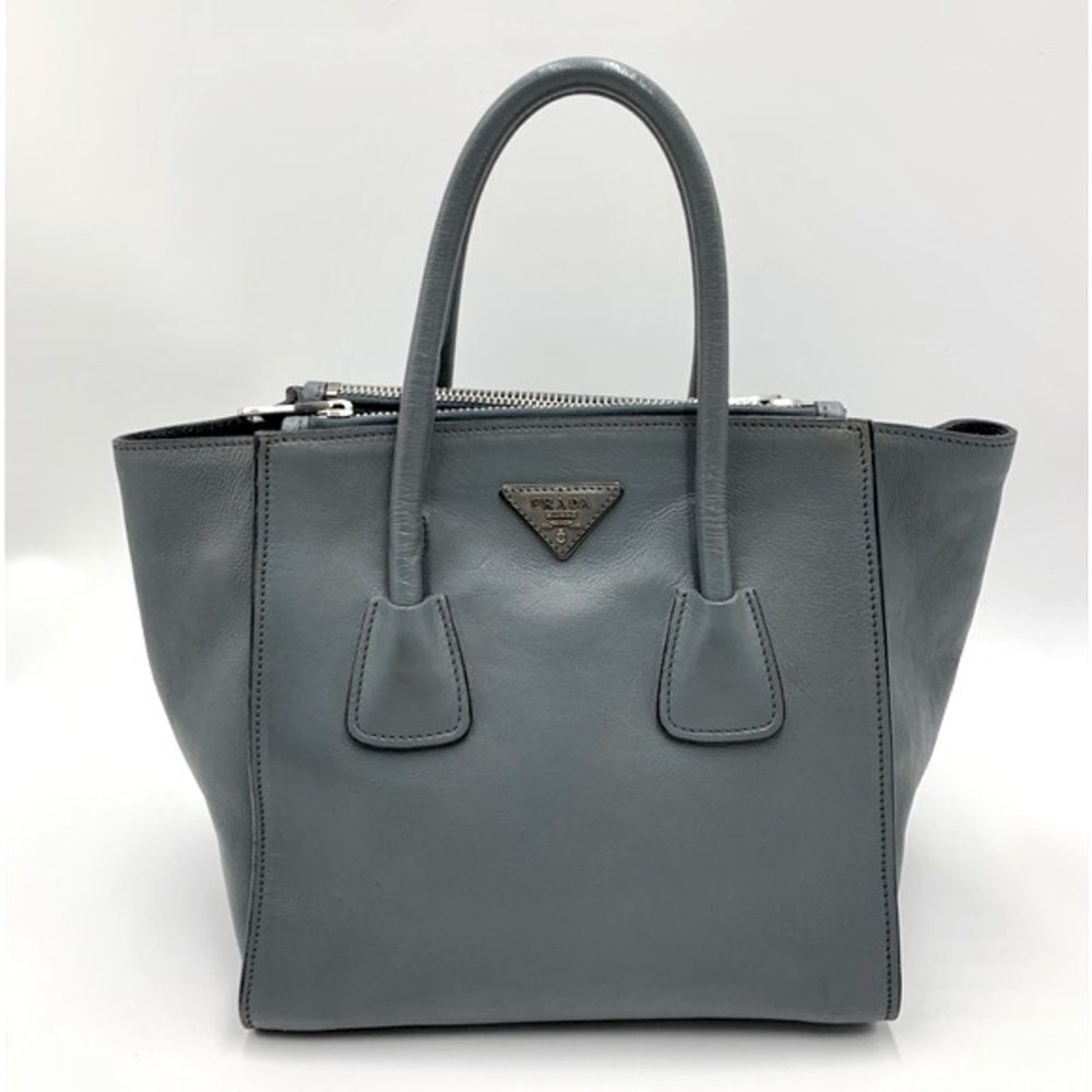 Auth Prada Glacé Twin Pocket Calfskin Leather Tote Bag Slate Blue Vtg Preloved